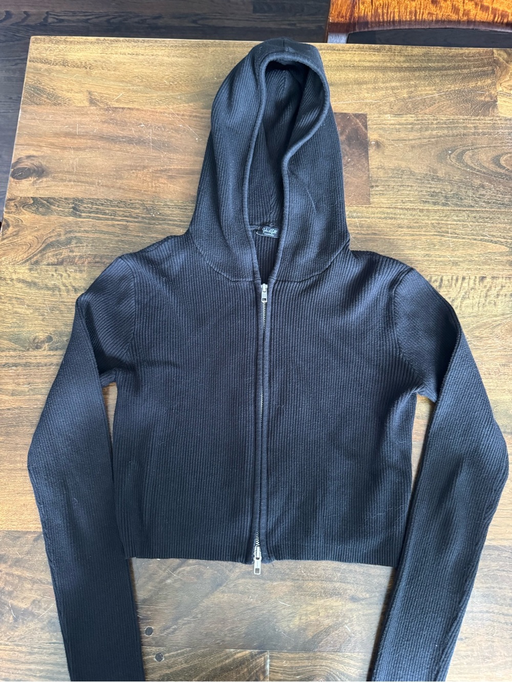 Brandy Melville Black Ribbed Zip-Up Hoodie